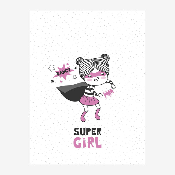 Super Girl — affiche enfant pop-art rose et noir — Toile sur châssis