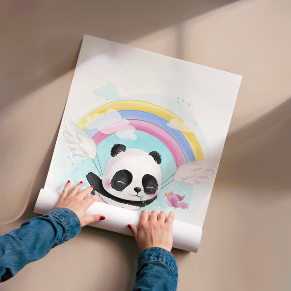 Panda ailé arc-en-ciel, style pop art doux — Poster HP mat