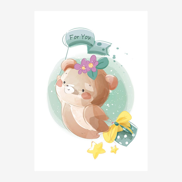 Petit ours avec fleurs et cadeau - Illustration tendre — Toile sur châssis