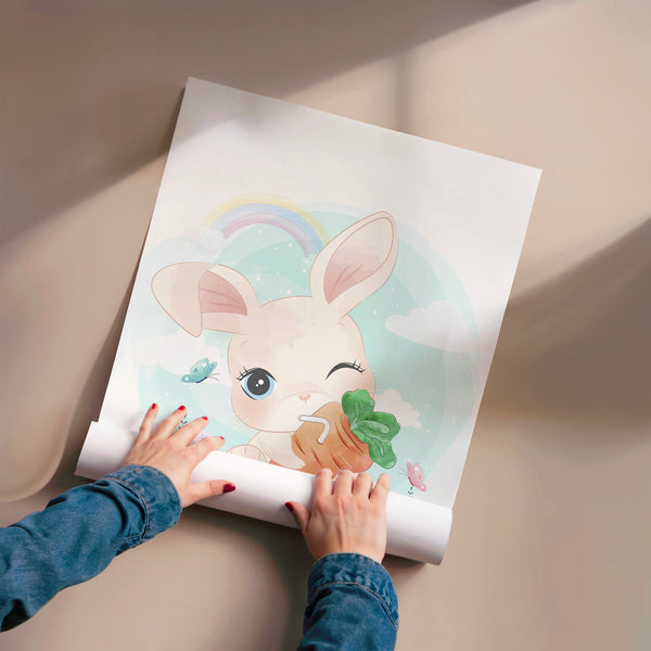 Petit lapin blanc à la carotte arc-en-ciel — Poster HP mat