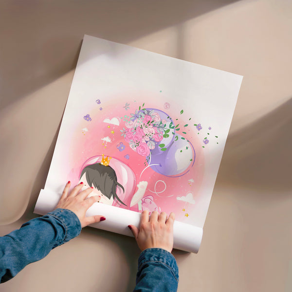 Petite princesse rêveuse, affiche rose pastel — Poster HP mat