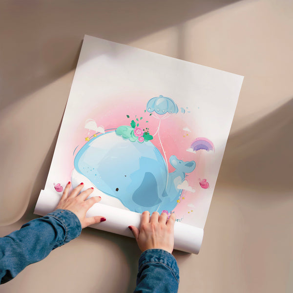 Baleine bleu et rose, affiche enfant pastel — Poster HP mat