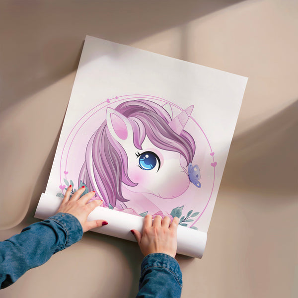 Licorne rose et roses, illustration doodle — Poster HP mat