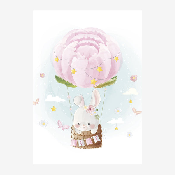 Lapin blanc dans montgolfière rose pastel — Toile sur châssis