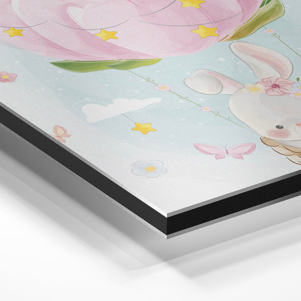Lapin blanc dans montgolfière rose pastel — Aluminium Dibond