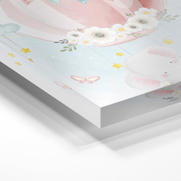 Éléphant rose en montgolfière, affiche enfant — Verre acrylique