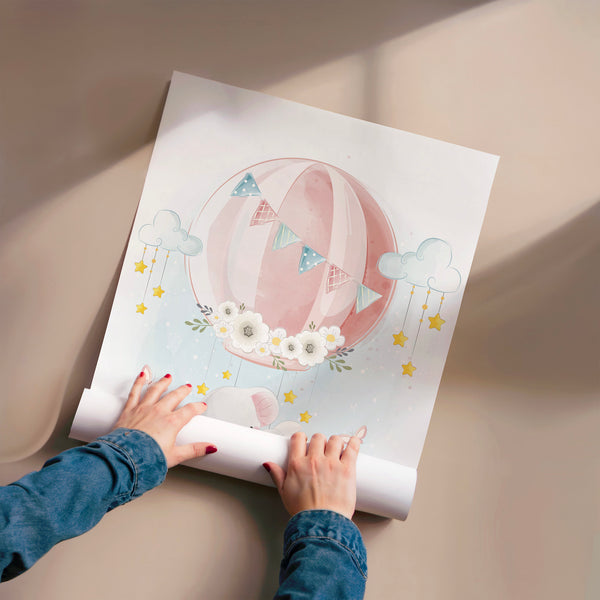 Éléphant rose en montgolfière, affiche enfant — Poster HP mat