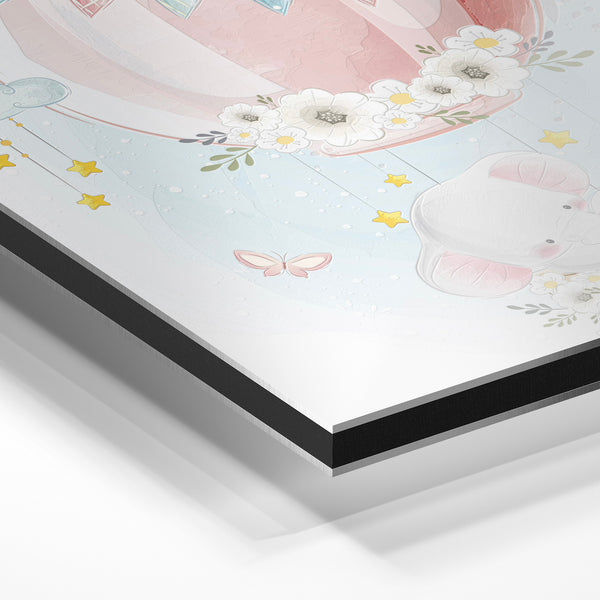 Éléphant rose en montgolfière, affiche enfant — Aluminium Dibond relief 3D