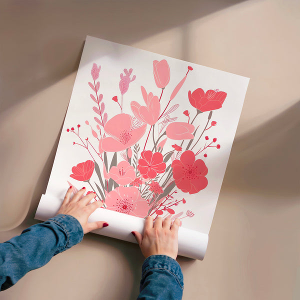 Bouquet de fleurs roses et rouges en vase — Poster HP mat