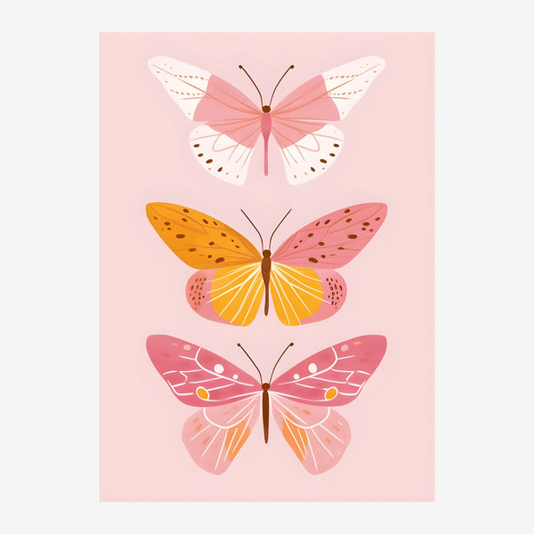 Trois papillons rose et or, affiche botanique — Toile sur châssis