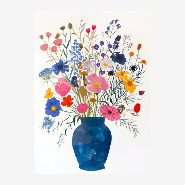 Bouquet botanique multicolore dans vase bleu — Toile sur châssis