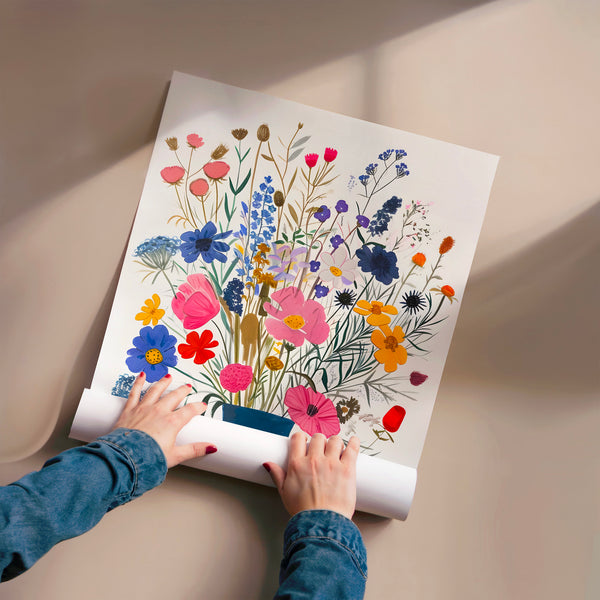Bouquet botanique multicolore dans vase bleu — Poster HP mat