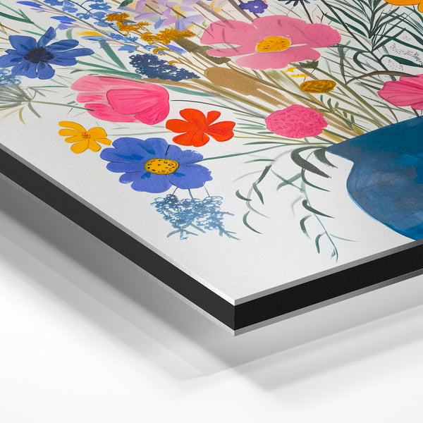 Bouquet botanique multicolore dans vase bleu — Aluminium Dibond