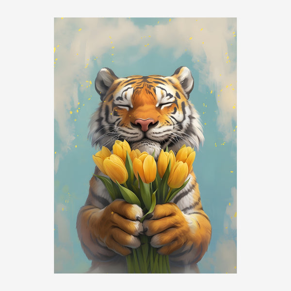 Tigre jaune tendresse et tulipes jaunes art — Toile sur châssis