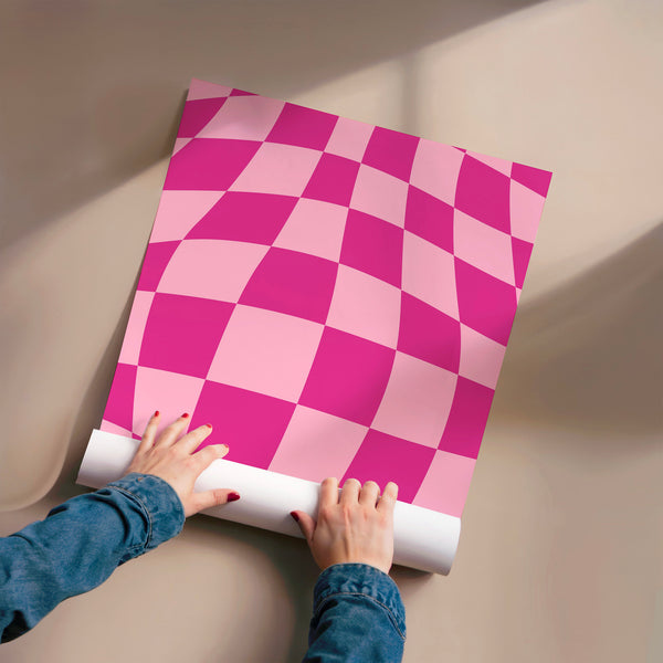Damier ondulé rose et fuchsia pop art géométrique — Poster HP mat