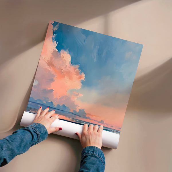 Coucher de soleil sur la plage, ciel rose et bleu — Poster HP mat