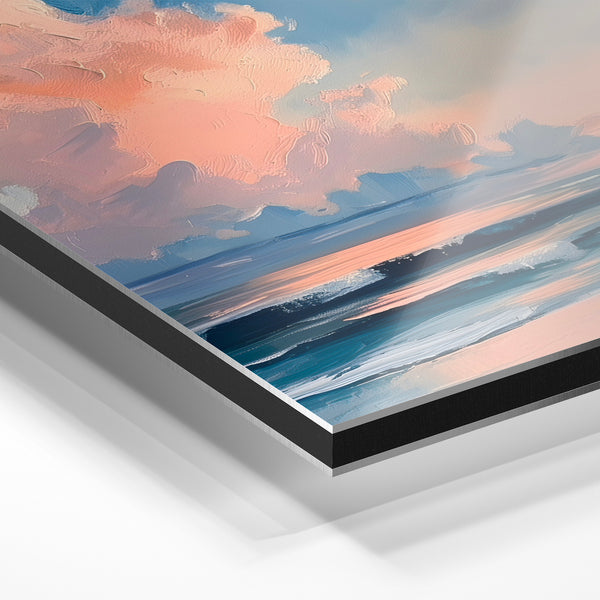 Coucher de soleil sur la plage, ciel rose et bleu — Aluminium Dibond relief 3D
