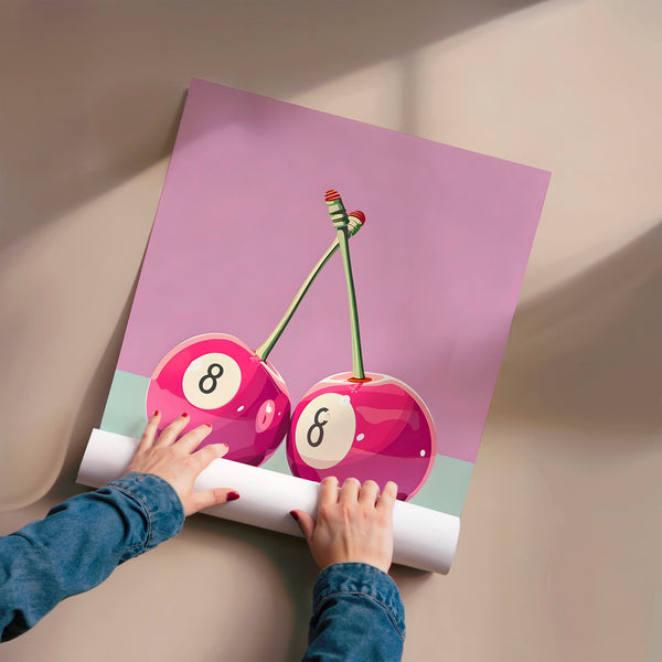 Cerises jumelles rose et vert, style pop art rétro — Poster HP mat