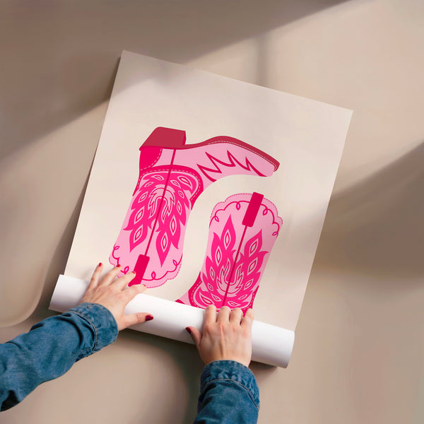 Bottes de cowboy rose vif, style pop-art rétro — Poster HP mat