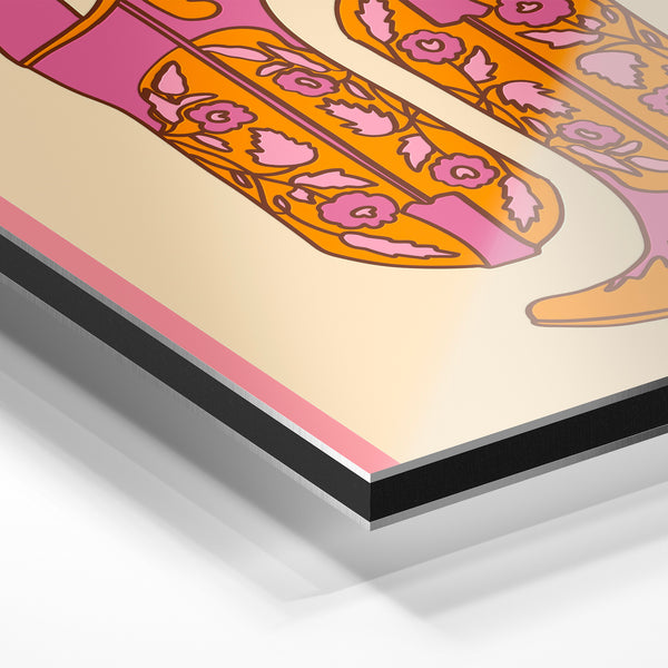 Bottes de Cowgirl rétro rose et orange pop art — Aluminium Dibond relief 3D
