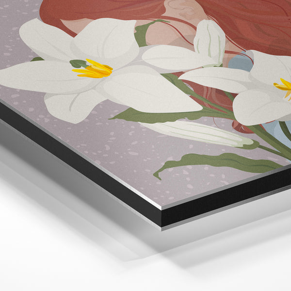 Femme aux cheveux roux et fleurs blanches, style bohème — Aluminium Dibond