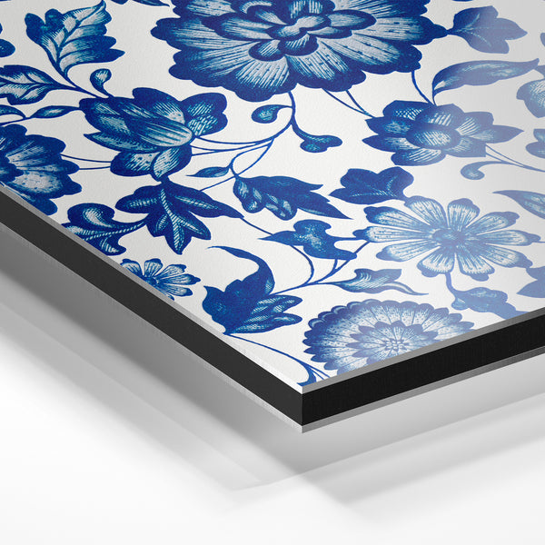 Fleurs ornementales bleu et blanc, style botanique — Aluminium Dibond relief 3D