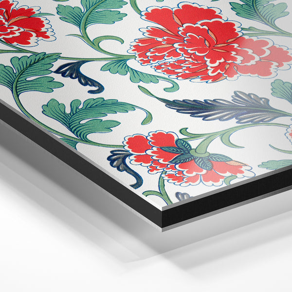 Pivoines rouges et feuillages art déco blanc — Aluminium Dibond relief 3D