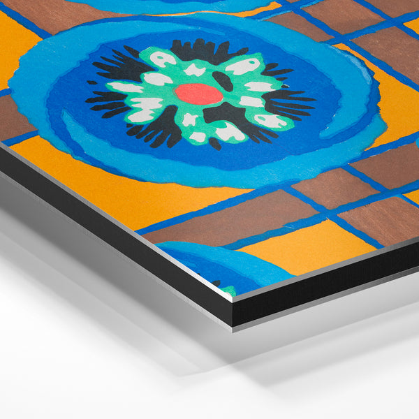 Fleurs bleu et ocre, style géométrique pop-art — Aluminium Dibond
