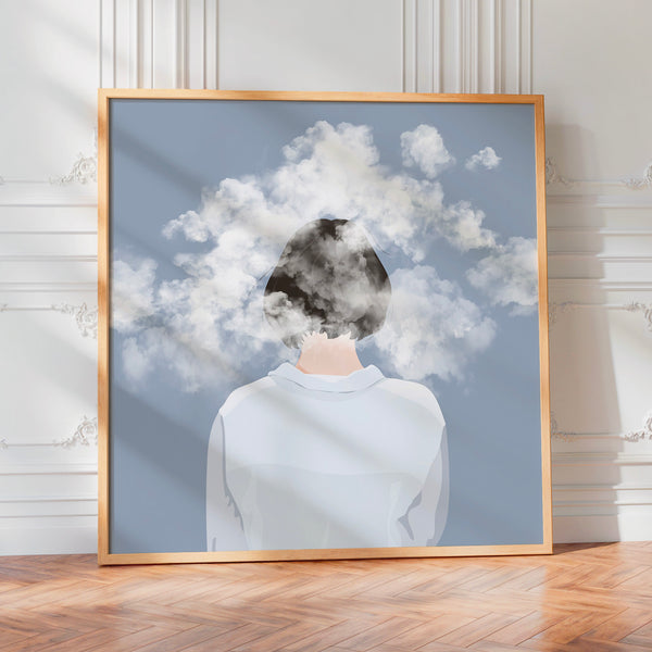 Tête nuageuse, abstrait géométrique gris et blanc — Poster HP mat
