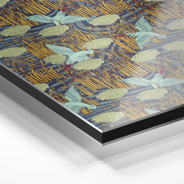 Oiseaux et Roseaux – Motif Art Nouveau Bleu — Aluminium Dibond relief 3D