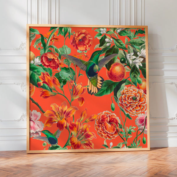 Colibris dans le jardin fleuri rouge corail — Poster HP mat