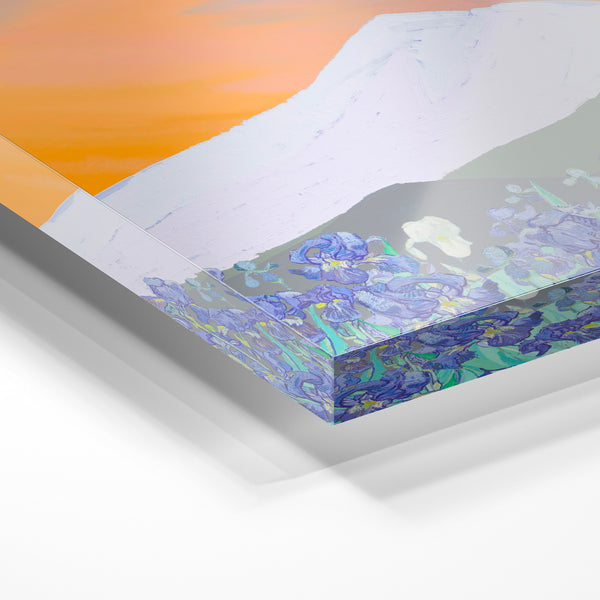 Montagne blanche et champ d'iris bleus botanique — Verre acrylique