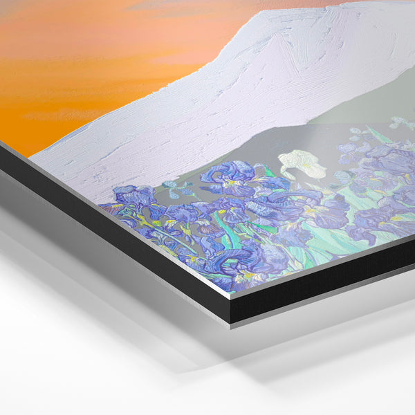 Montagne blanche et champ d'iris bleus botanique — Aluminium Dibond relief 3D