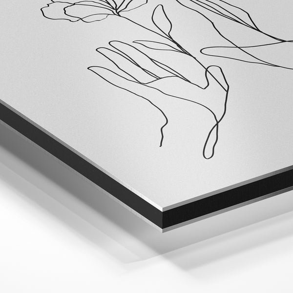 Mains et fleur, line art minimaliste noir et blanc — Aluminium Dibond