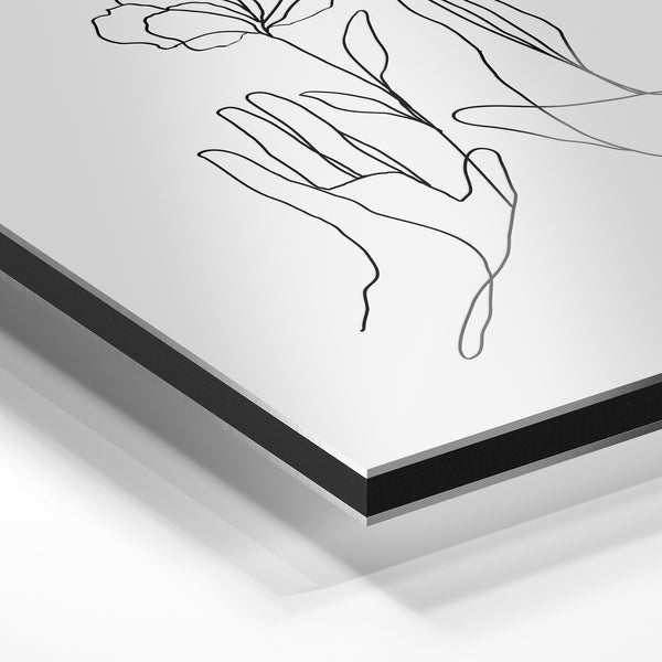 Mains et fleur, line art minimaliste noir et blanc — Aluminium Dibond relief 3D