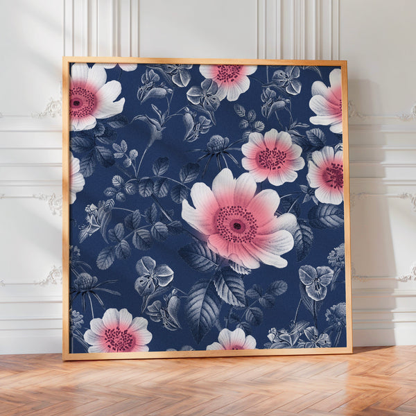 Fleurs rose et blanc, botanique bleu nuit — Poster HP mat