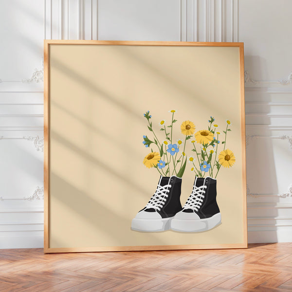 Sneakers Fleuries - Affiche Pop Art Beige et Jaune — Poster HP mat