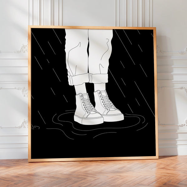 Baskets blanches sous la pluie, line art noir et blanc — Poster HP mat