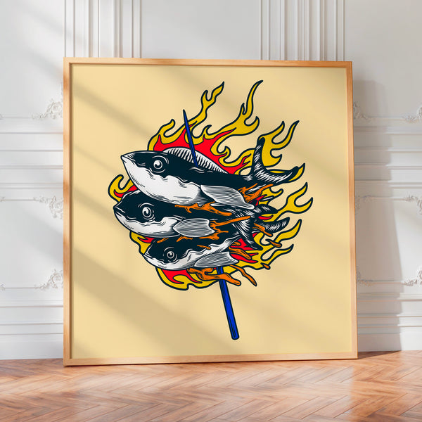 Trois poissons en flammes, style pop art — Poster HP mat