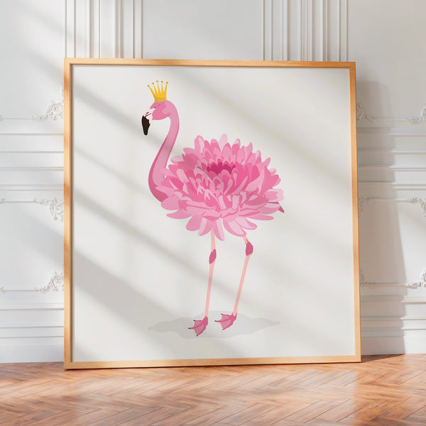 Flamant rose couronné pop-art rétro, doodle poudré — Poster HP mat