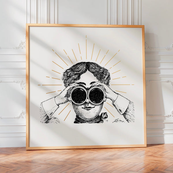 Regard par les jumelles - Illustration noir et beige — Poster HP mat