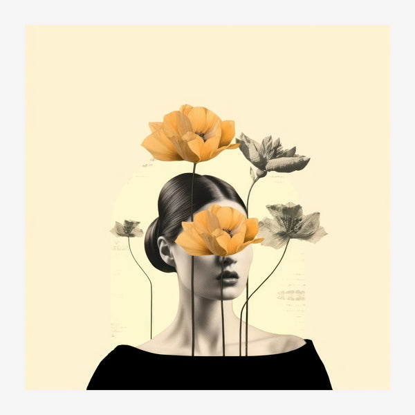 Portrait floral pop art beige, noir et or — Toile sur châssis