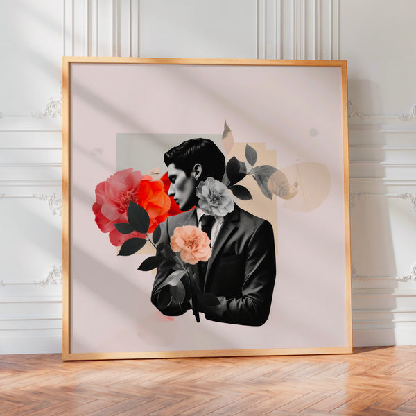 Portrait pop-art noir et rose poudré avec fleurs — Poster HP mat