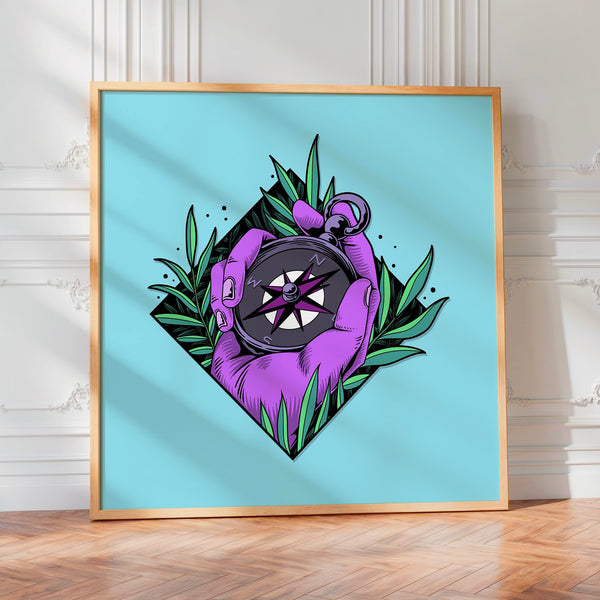 Compas botanique pop art, bleu ciel et mauve — Poster HP mat