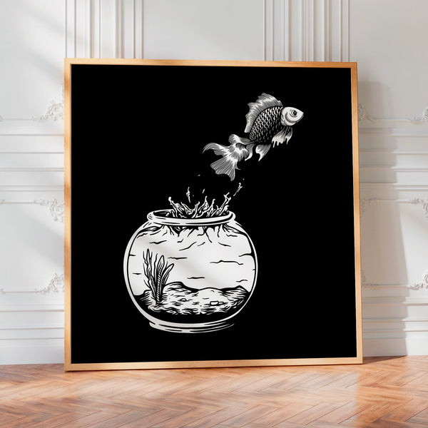 Poisson échappé du bocal, dessin noir et blanc — Poster HP mat