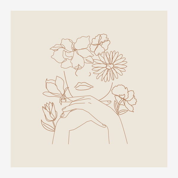 Visage fleuri en line art beige et terracotta — Toile sur châssis