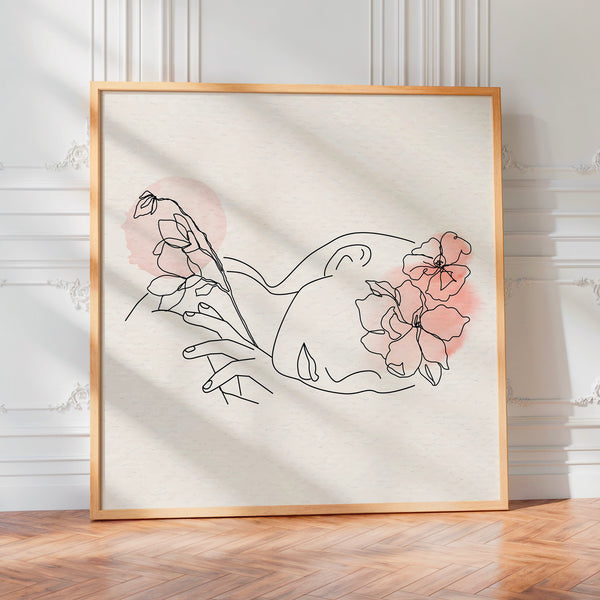 Mains et fleurs en line art minimaliste rose — Poster HP mat