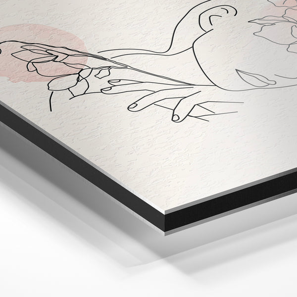 Mains et fleurs en line art minimaliste rose — Aluminium Dibond relief 3D