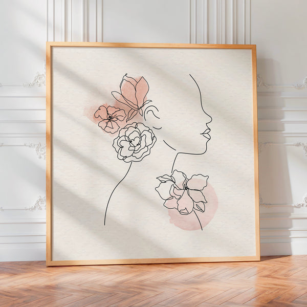 Profil fleuri en line art beige et rose poudré — Poster HP mat