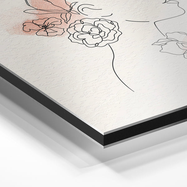 Profil fleuri en line art beige et rose poudré — Aluminium Dibond relief 3D